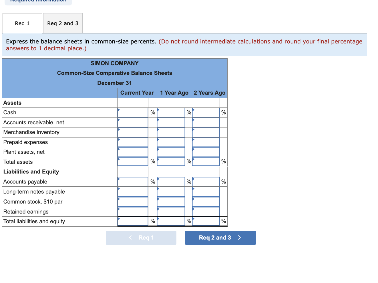 Express the balance sheets in common-size percents. (Do not round intermediate