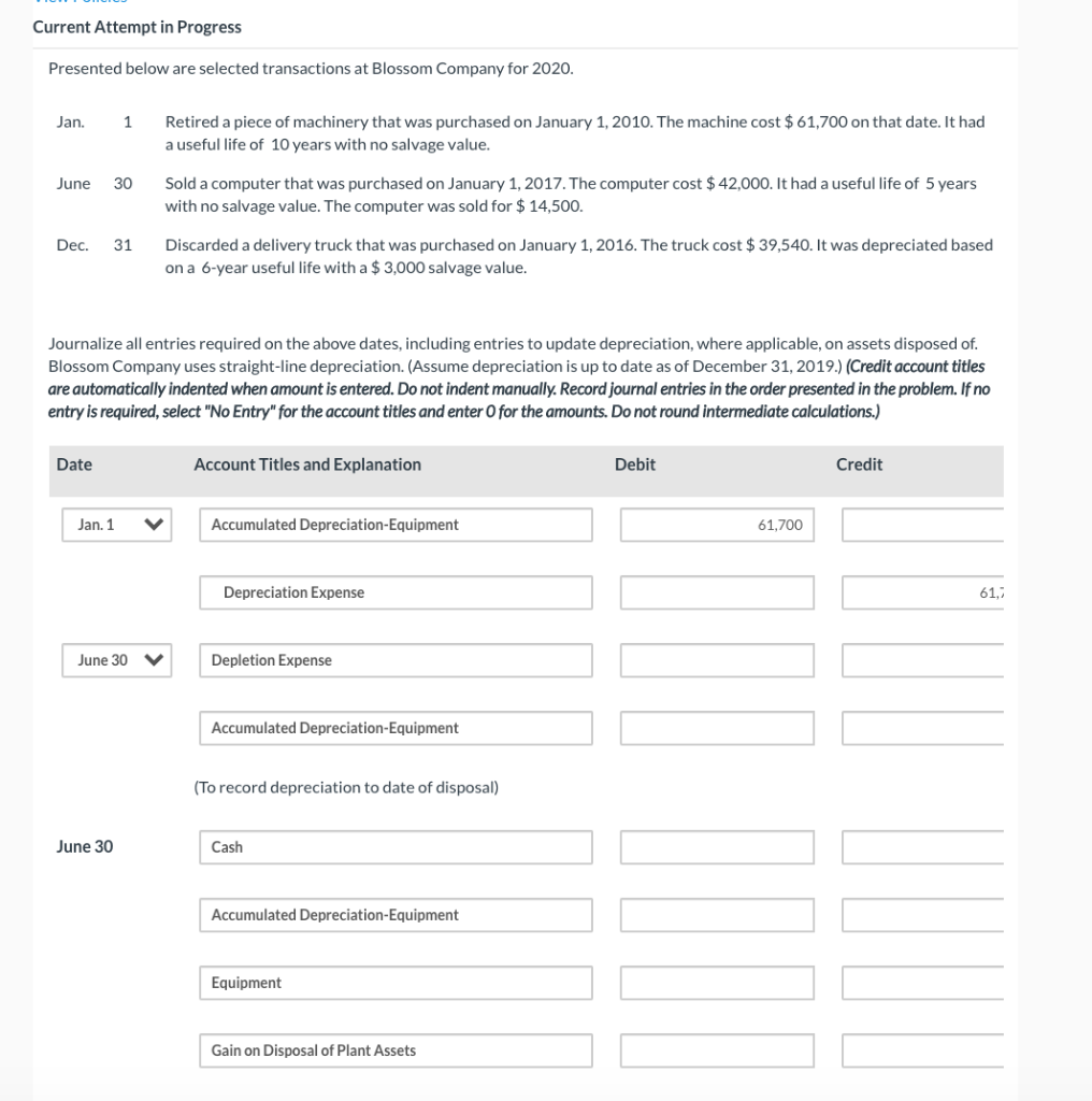 Current Attempt in Progress Presented below are selected transactions at Blossom