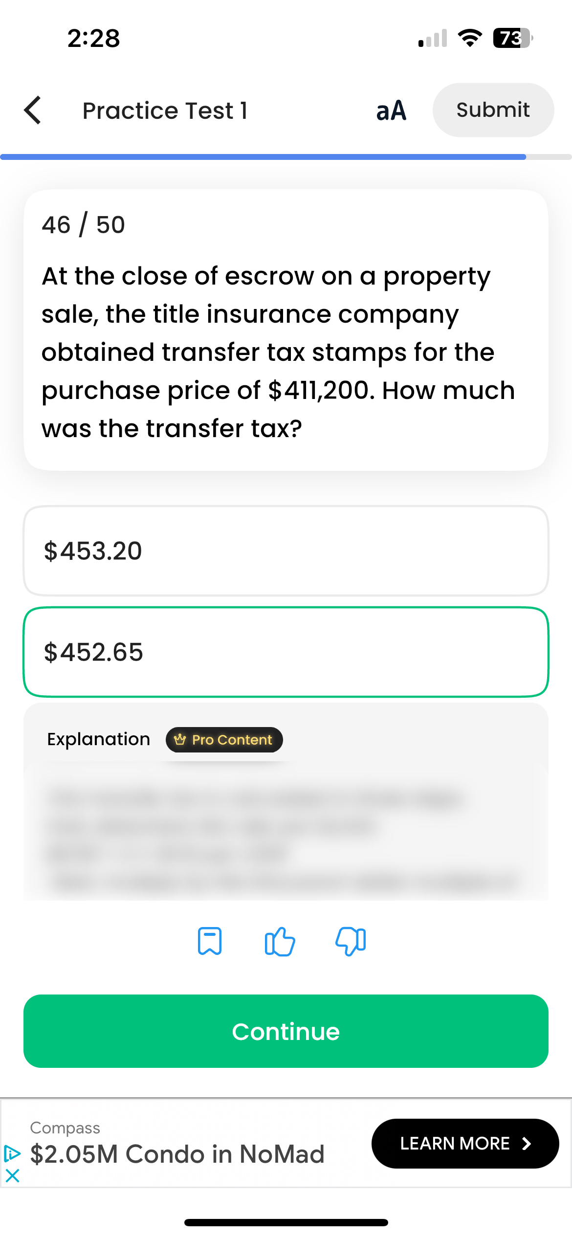  2:28 .78 Practice Test 1 aA Submit 4650 At the close