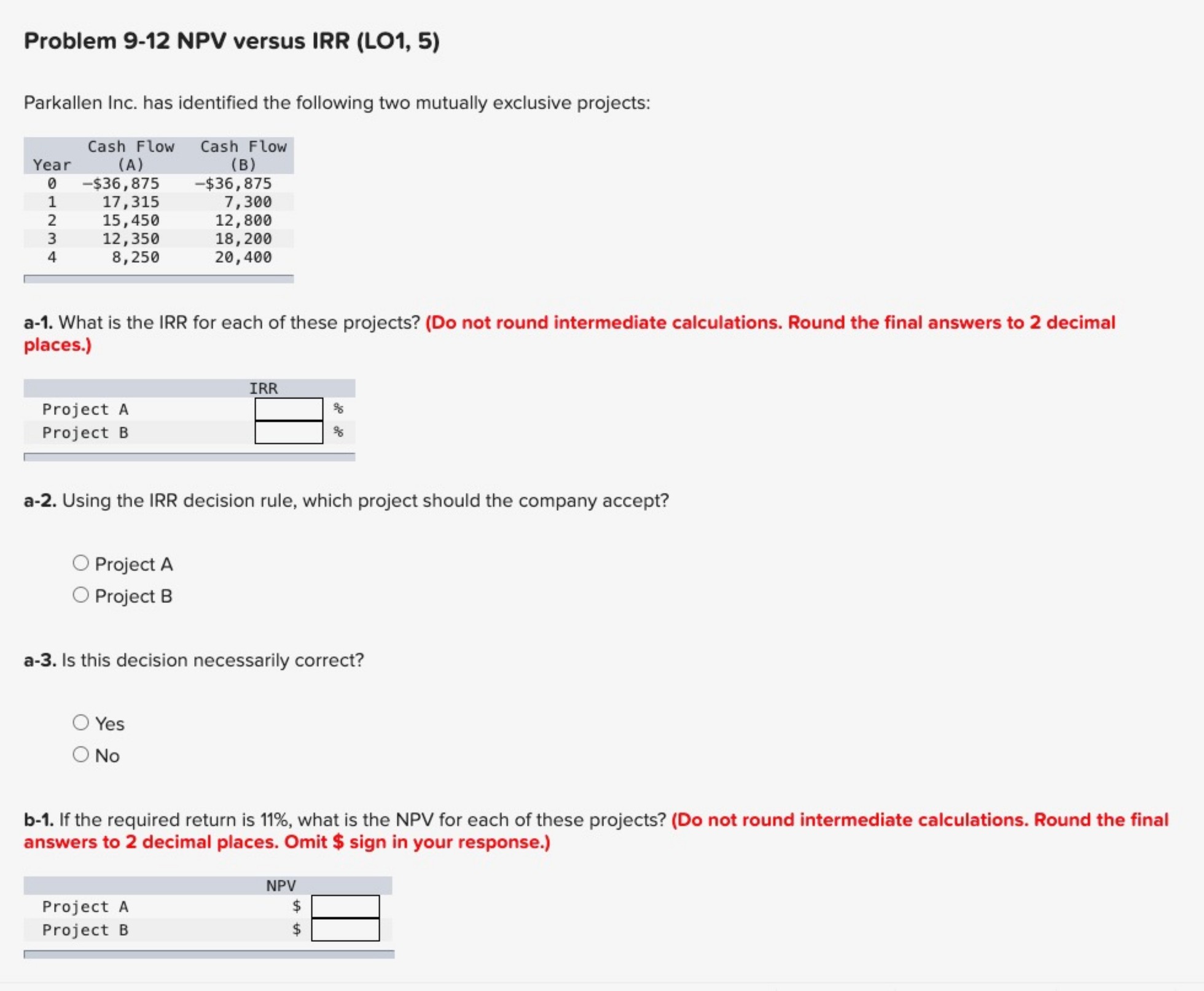  Problem 9-12 NPV versus IRR (LO1,5) Parkallen Inc. has identified the