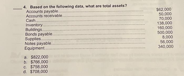 4. Based on the following data, what are total assets? Accounts