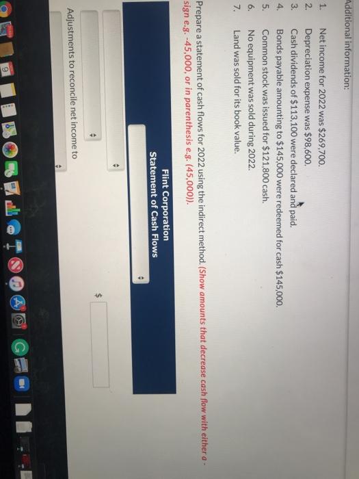 Flint Corporation. Flint Corporation Comparative Balance Sheets December 31 Assets 2022 Cash