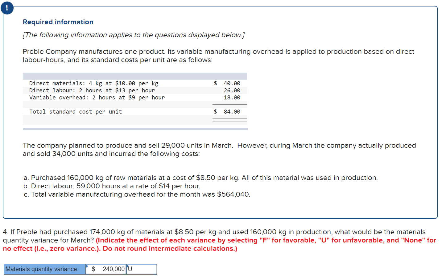 based on direct labour-hours, and its standard costs per unit are as