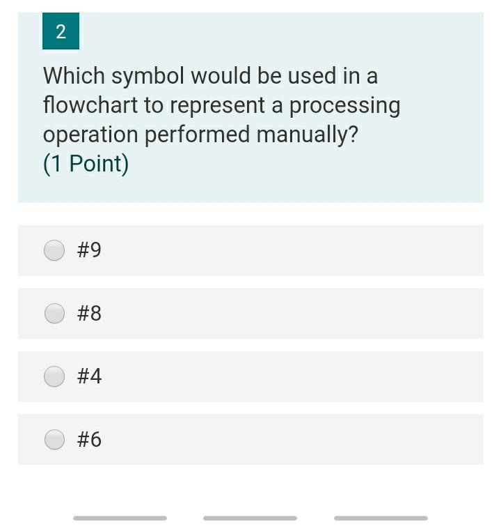  2 Which symbol would be used in a flowchart to represent