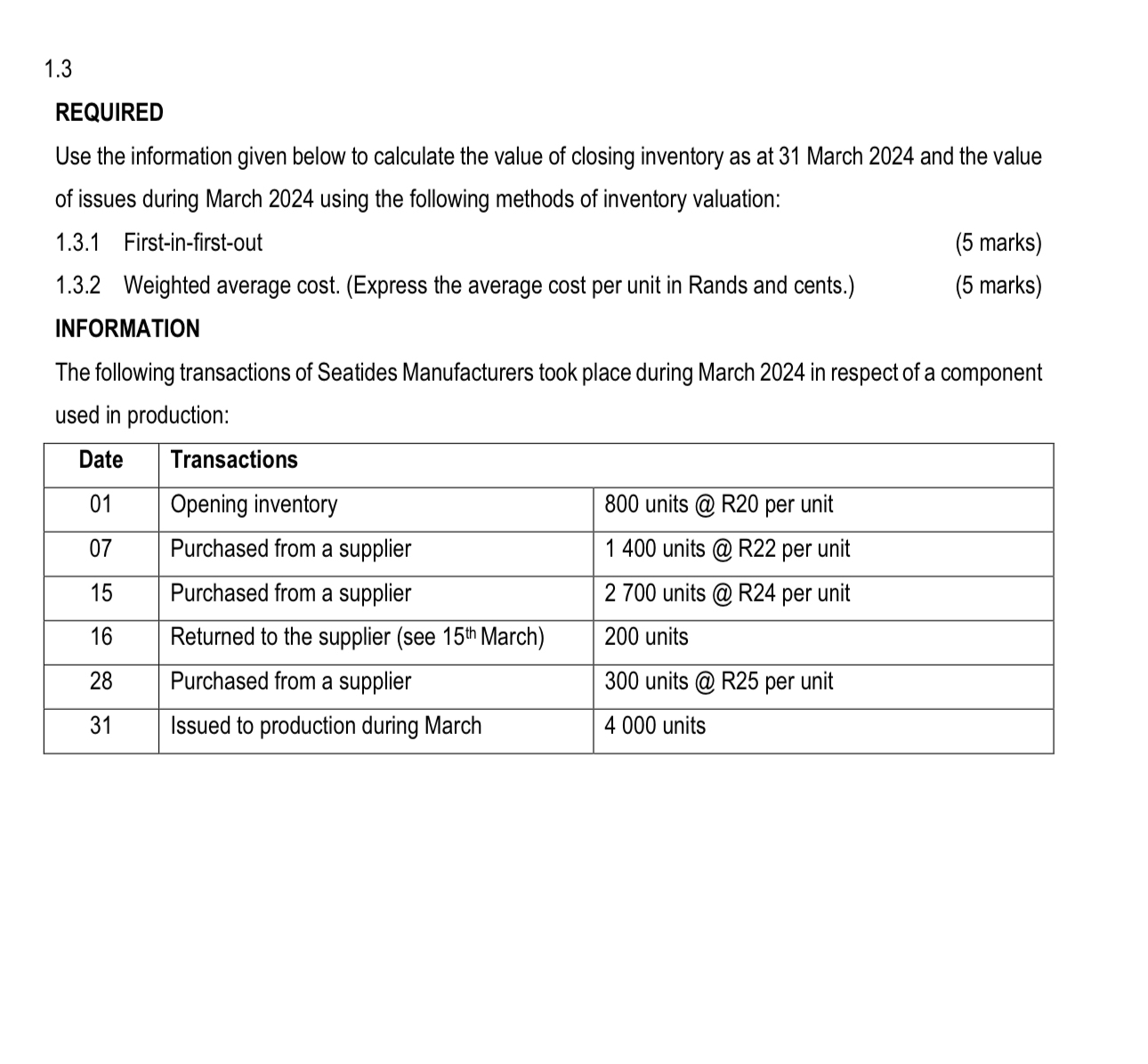  QUESTION 1 1.1 REQUIRED Study the information provided below and determine