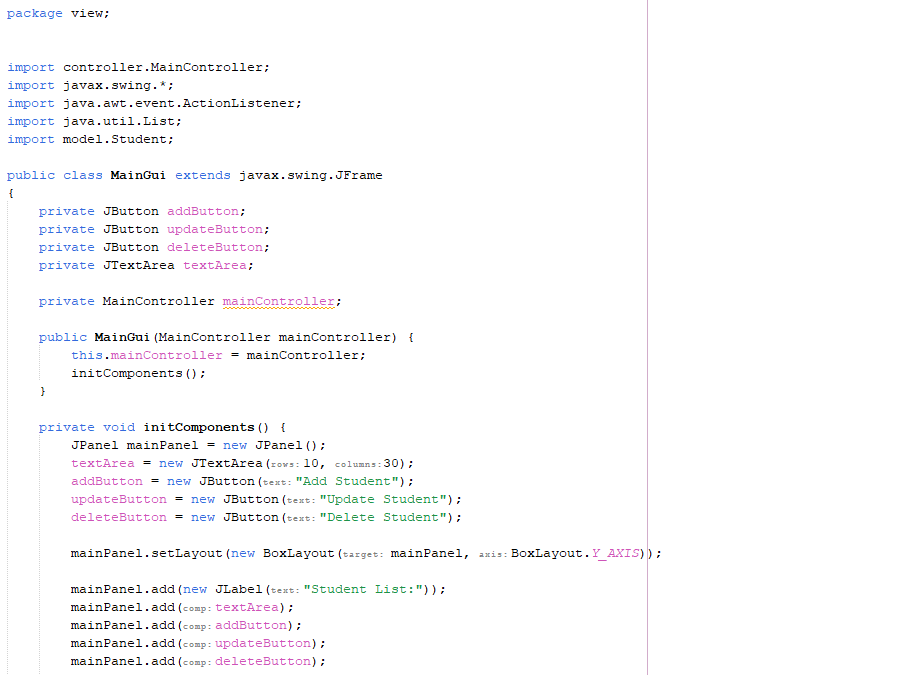 the back end in it's own classes/package (the model), the frames in