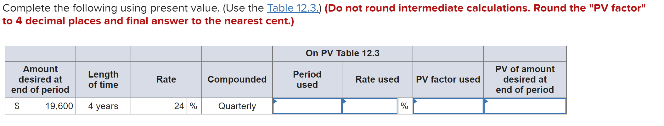  Complete the following using present value. (Use the Table 12.3.) (Do