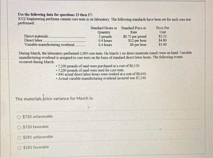 help :( Use the following data for questions 13 thru 17 :