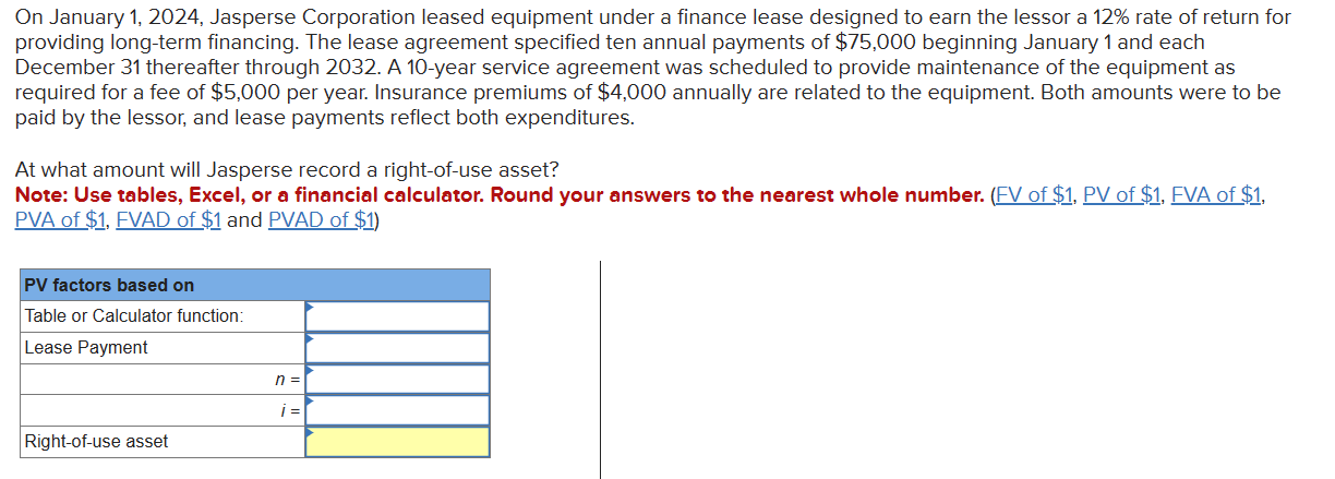  On January 1,2024, Jasperse Corporation leased equipment under a finance lease