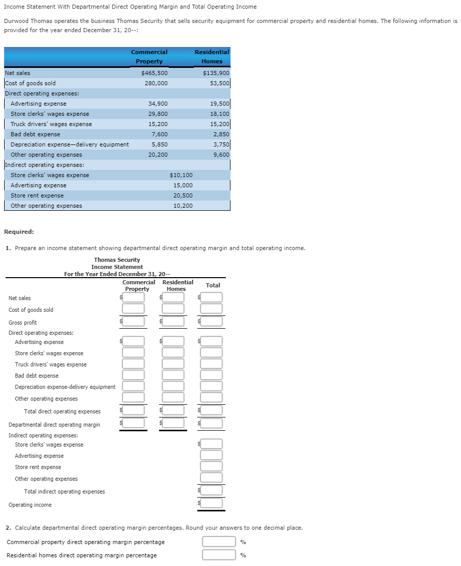 Income Statement With Departmental Direct Operating Margin and Total Operating Income