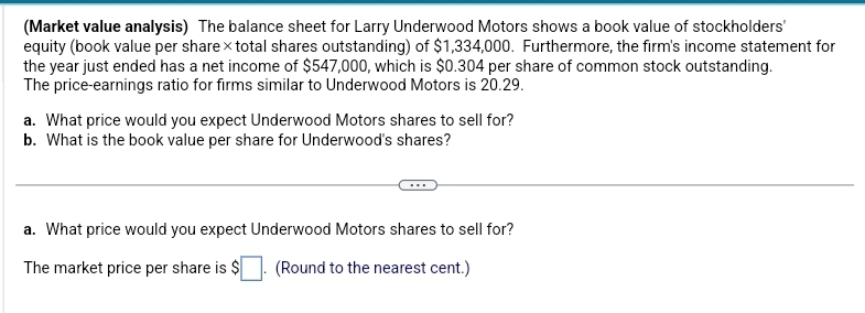  (Market value analysis) The balance sheet for Larry Underwood Motors shows