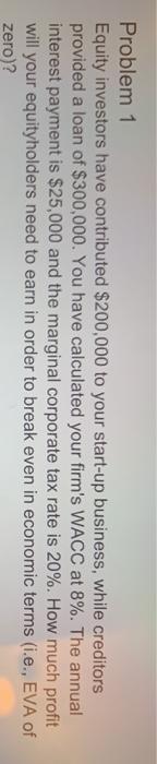  Problem 1 Equity investors have contributed $200,000 to your start-up business,