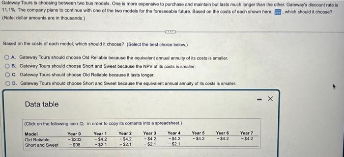  Gateway Tours is choosing between two bus models. One is more