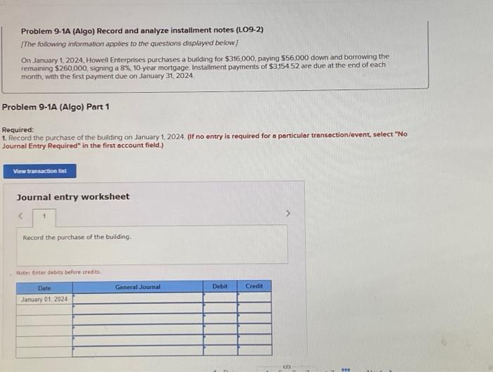  Problem 9-1A (Algo) Record and analyze installment notes (LO9-2) [The following