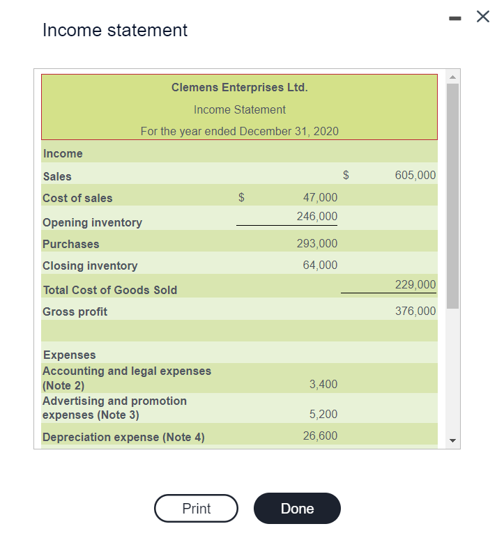 with the Income Statement for the corporation for December 31, 2020. (Click