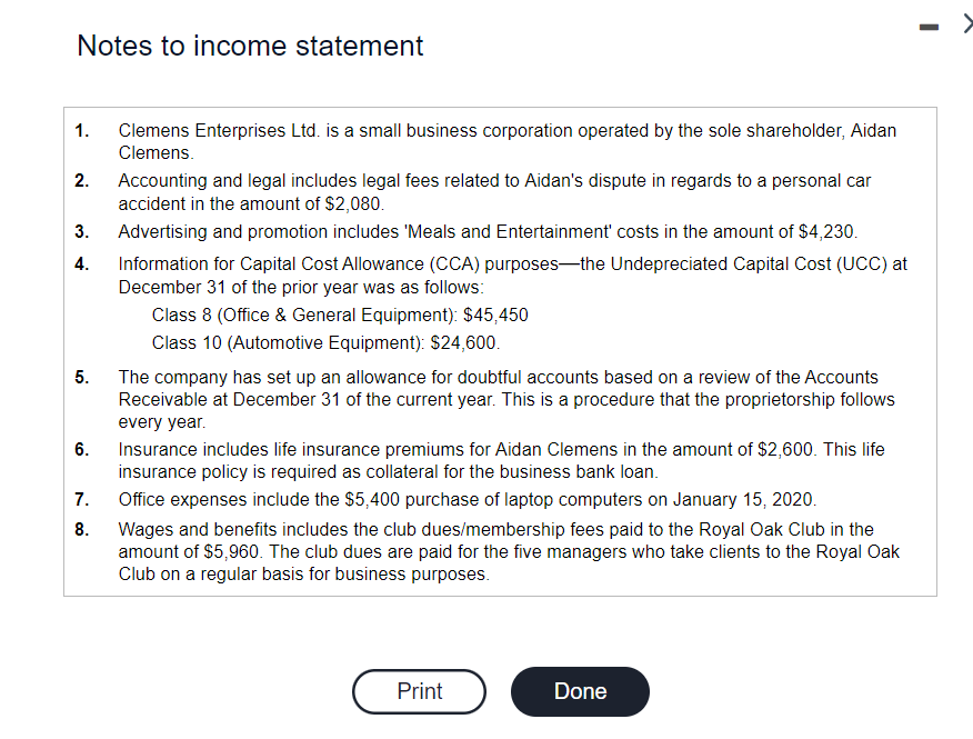 to view the notes to the income statement.) Calculate the net business