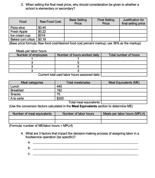 HELP! I don't understand this worksheet! 3. When setting the final meal