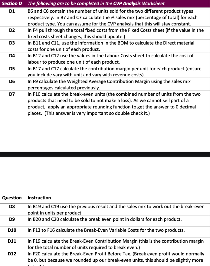 the sheet is provided below the questions D2 Section D The following