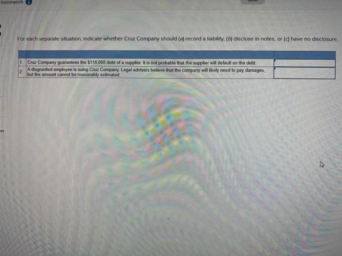 Help me please! For each separate situation, indicate whether Cruz Company should