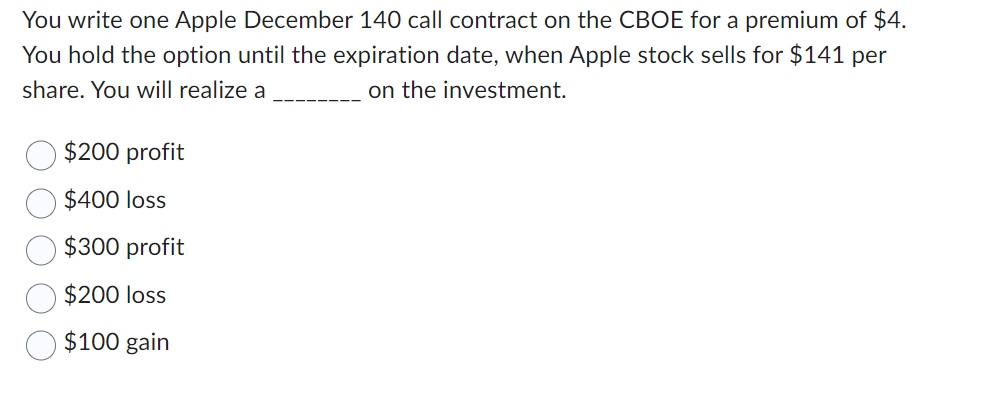  You write one Apple December 140 call contract on the CBOE