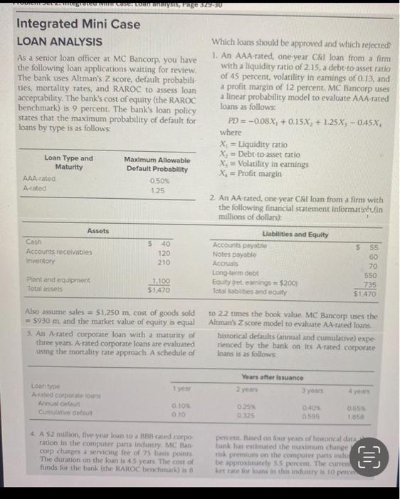  Integrated Mini Case LOAN ANALYSIS Which loans should be approved and