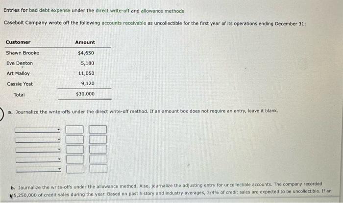  Entries for bad debt expense under the direct write-off and allowance