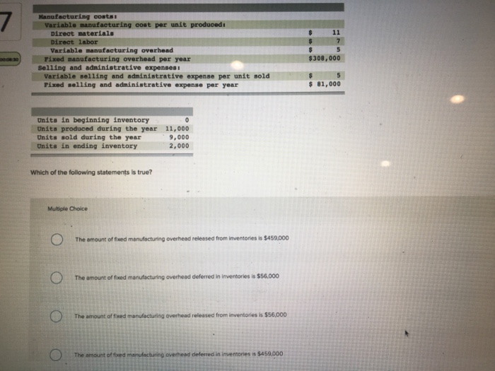  Hanufacturing costs Variable manufacturing cost per unit produceds Direct naterials Direct