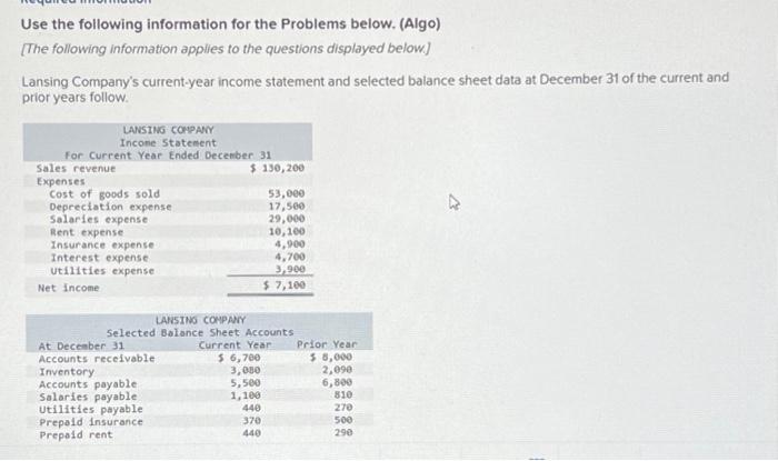  Use the following information for the Problems below. (Algo) [The following