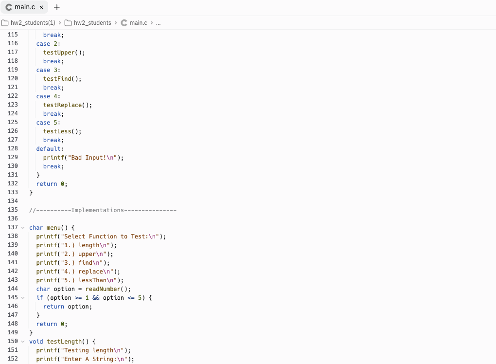 review all provided files. main.c - a collection of tests. You may