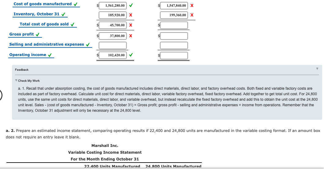 first month of operations ending October 31, Marshall Inc. estimated the following