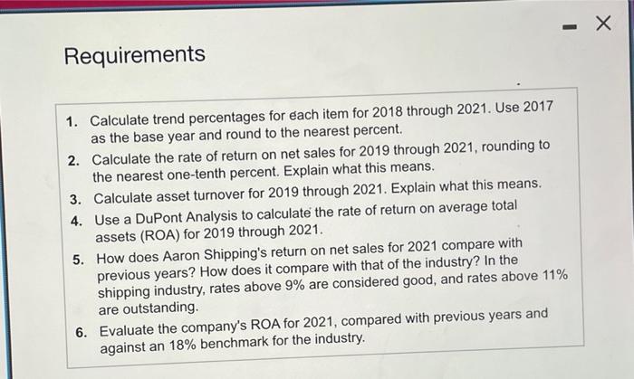 percentages for each item for 2018 through 2021 . Use 2017 as
