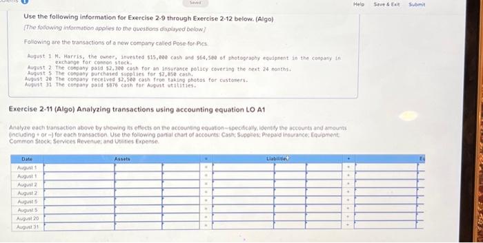  Use the following information for Exercise 2.9 through Exercise 2.12 below.