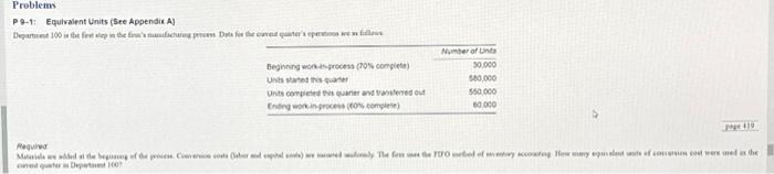  Problems P 9-1: Equivalent Units (See Appendix A) Department 100 is