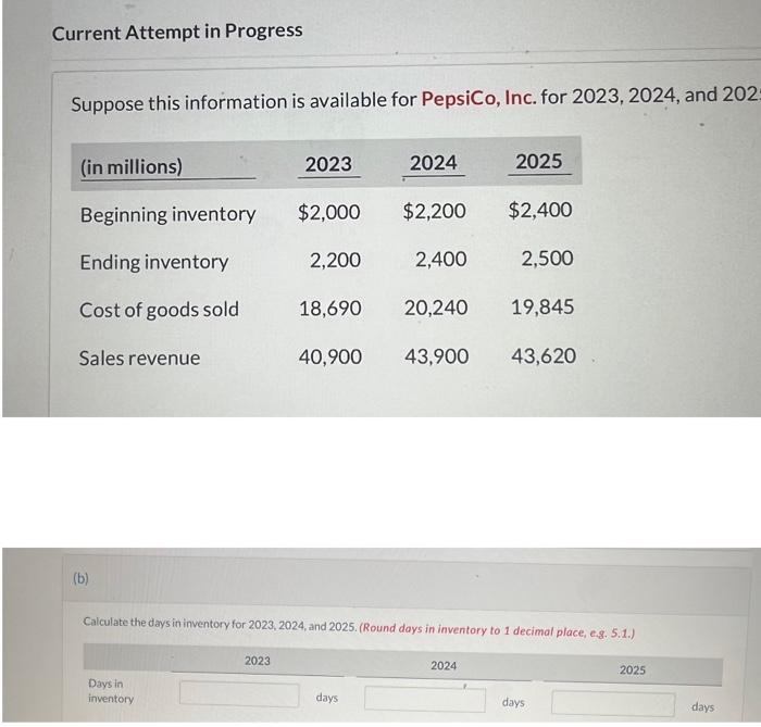  Current Attempt in Progress Suppose this information is available for PepsiCo,