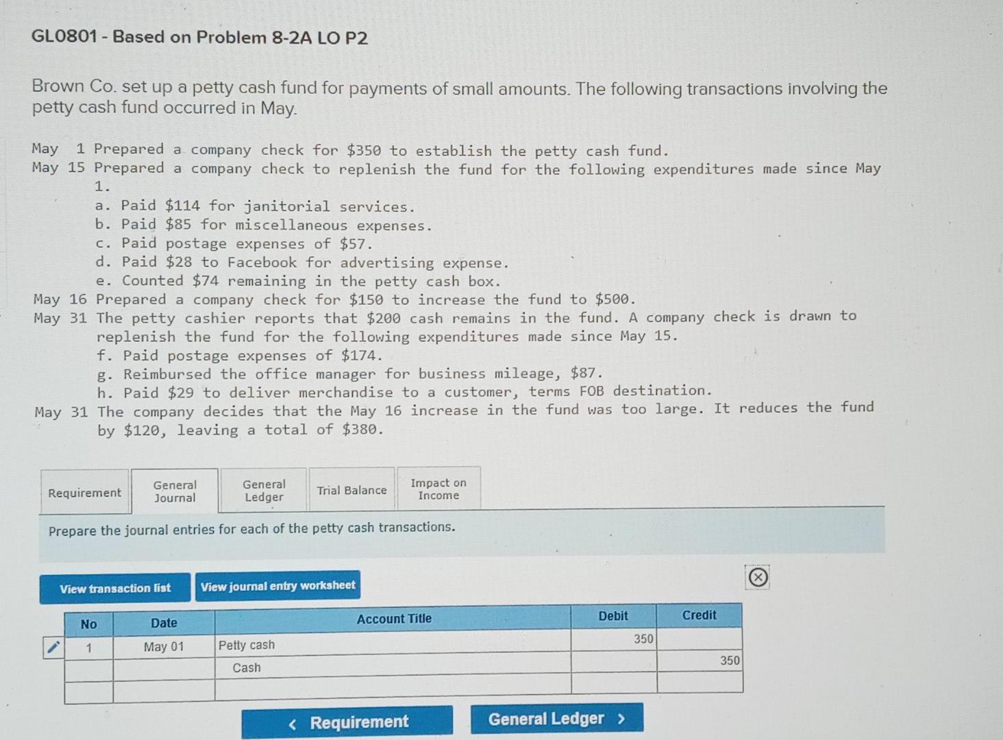 up a petty cash fund for payments of small amounts. The following