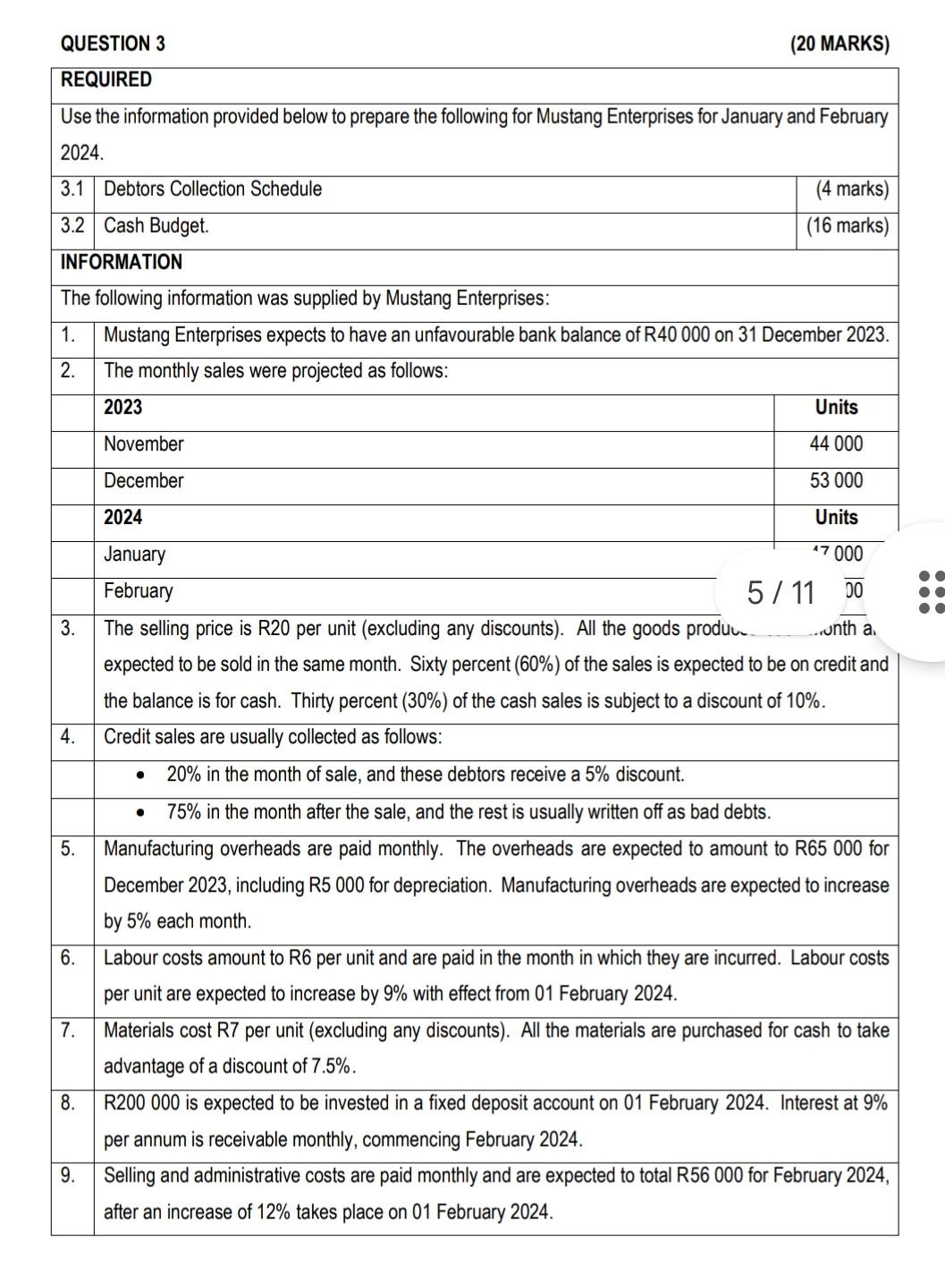  QUESTION 3 (20 MARKS) \begin{tabular}{|c|c|c|} \hline \multicolumn{3}{|c|}{ REQUIRED } \\ \hline