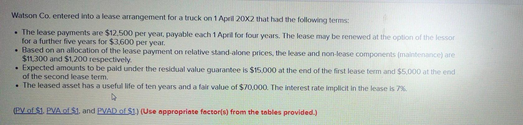  please please answer Watson Co. entered into a lease arrangement for