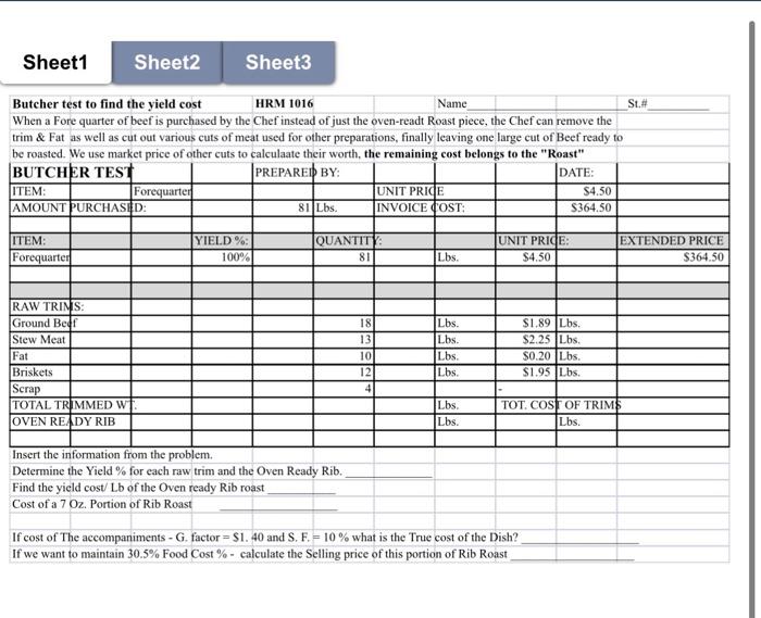 Sheetl Sheet2 Butcher test to find the yield Cost Sheet3 11RM 1016
