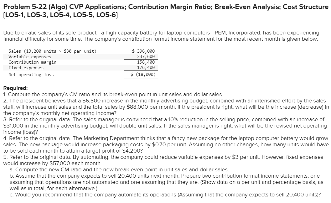  Problem 5-22 (Algo) CVP Applications; Contribution Margin Ratio; Break-Even Analysis; Cost