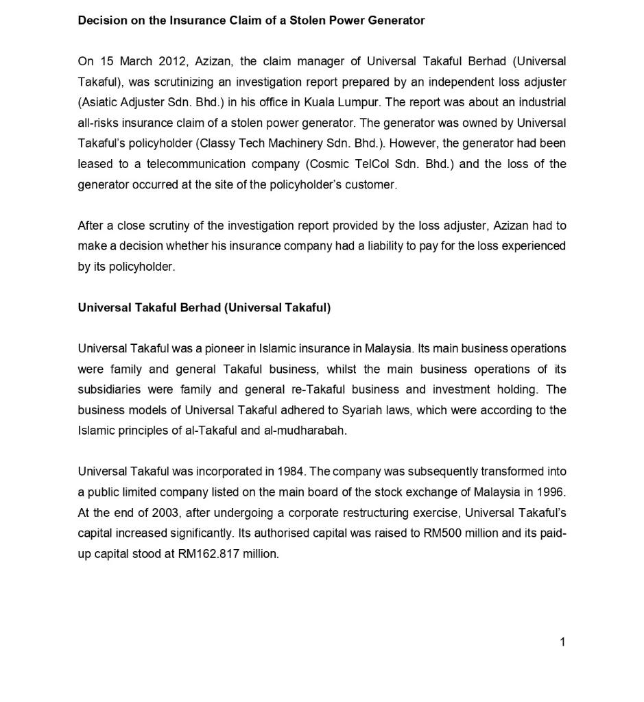  Relate the following basic principles of insurance to the case entitled