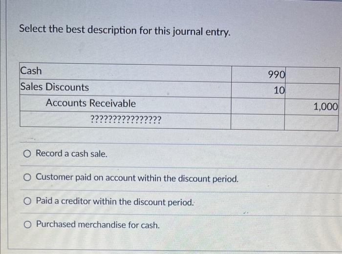  Select the best description for this journal entry. Record a cash