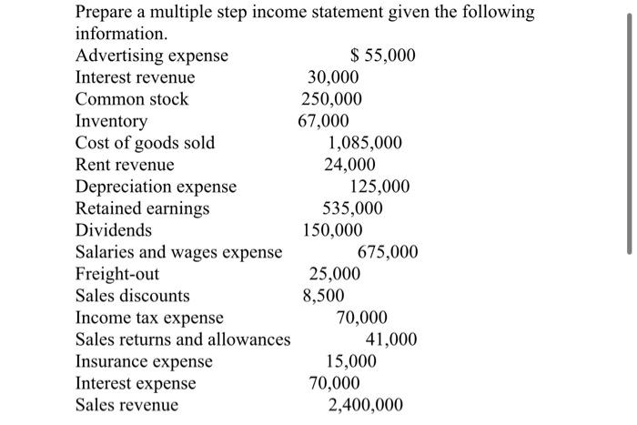 Prepare a multiple step income statement given the following information. Advertising expense