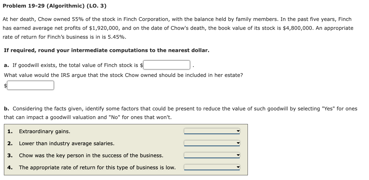  Problem 19-29(Algorithmic)(LO.3) At her death, Chow owned 55% of the stock