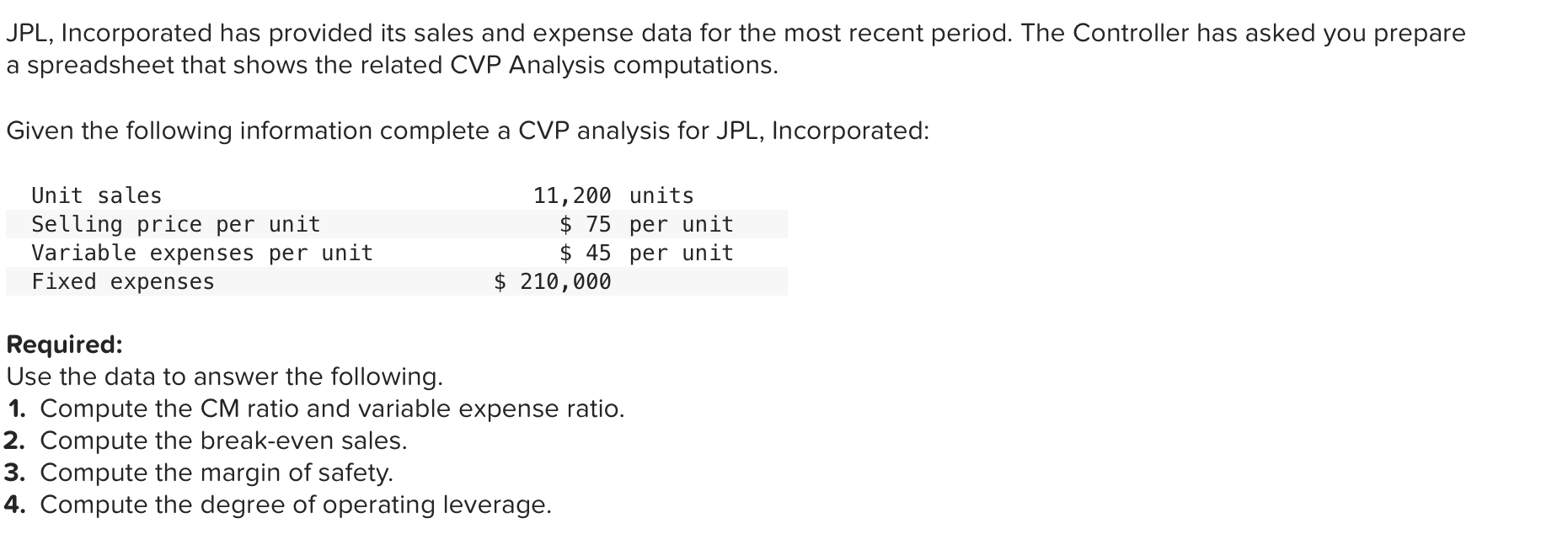  JPL, Incorporated has provided its sales and expense data for the