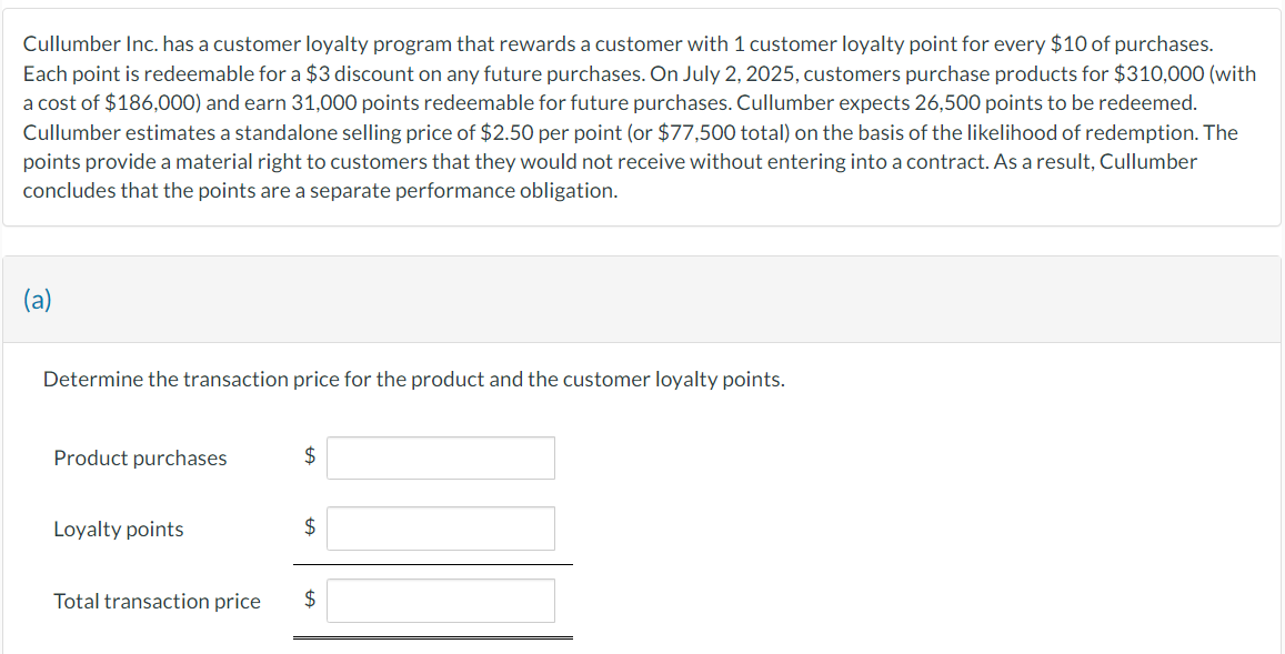 Cullumber Inc. has a customer loyalty program that rewards a customer