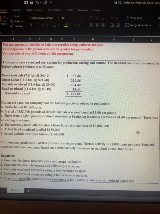  12. Variance Analysis Excel Ass lome Insert Page Layout Formulas Data
