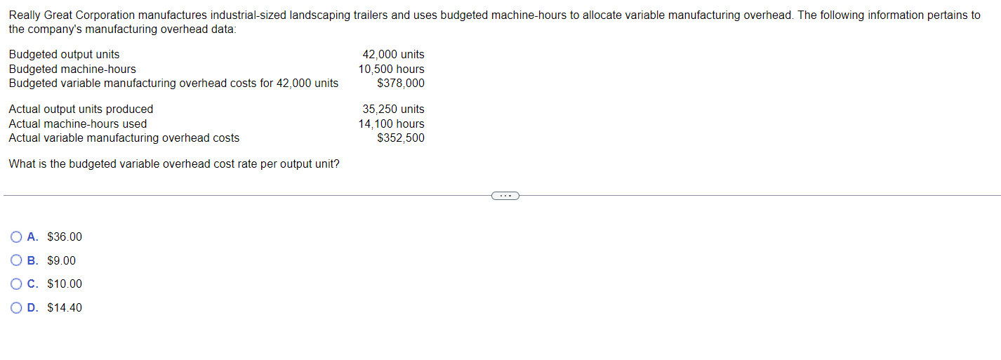 Really Great Corporation manufactures industrial-sized landscaping trailers and uses budgeted machine-hours to