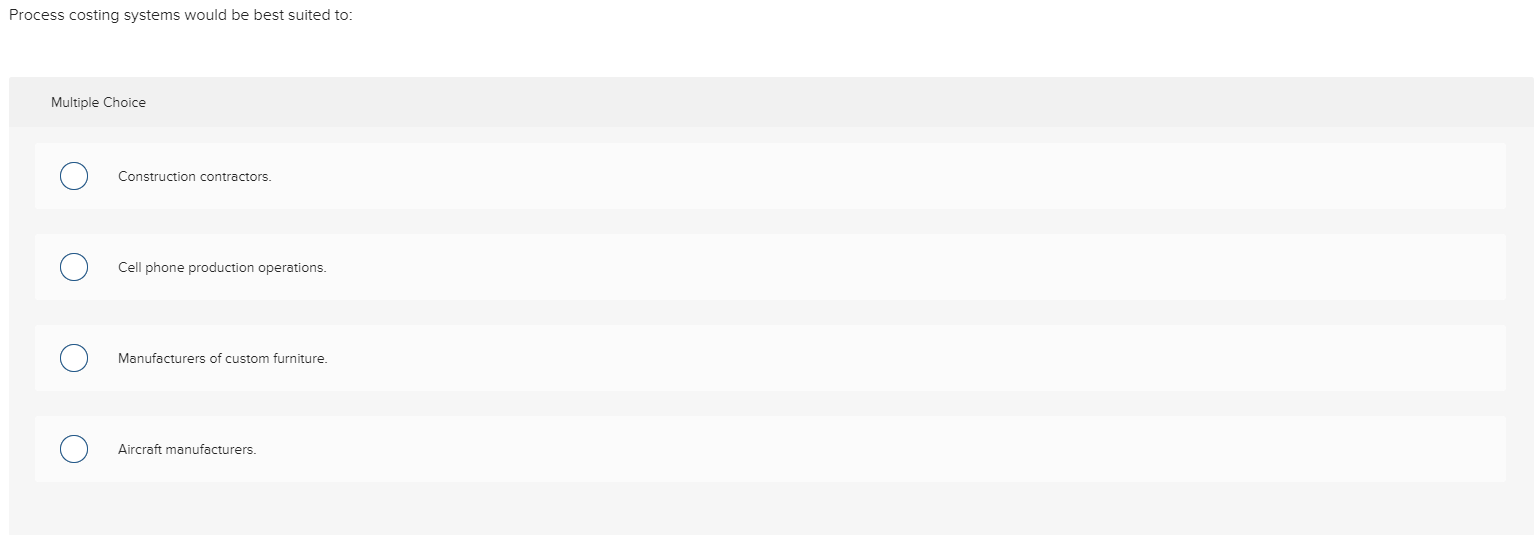 Process costing systems would be best suited to: Multiple Choice Construction