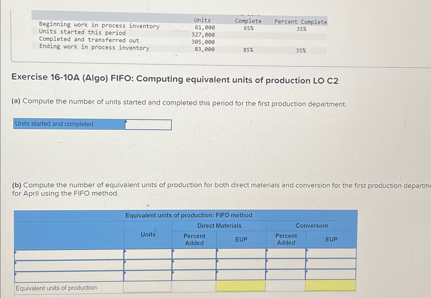  \table[[Beginning work in process inventory,Units,Complete,Percent Complete],[Units started this period,61,000,65%,35% 