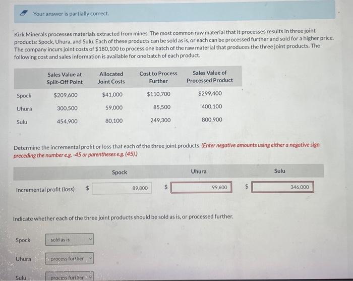  2 Your answer is partially correct. Kirk Minerals processes materials extracted